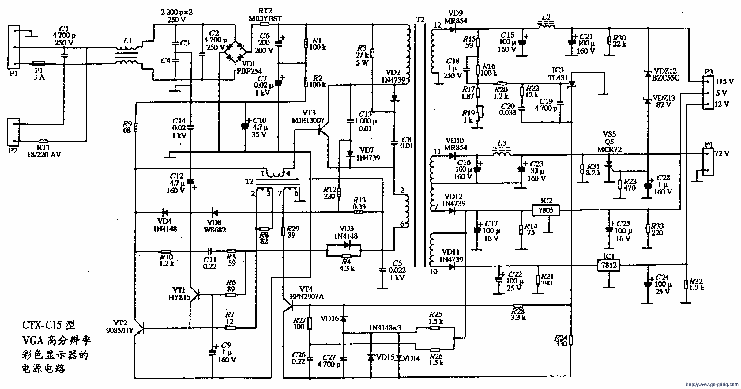 CTX-C15VGA߷ֱʲɫʾĵԴ·ͼ