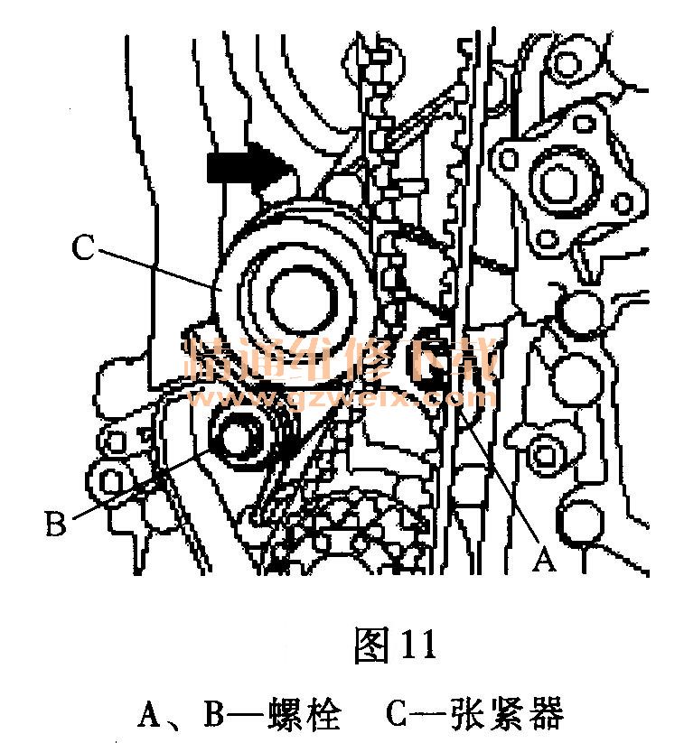 (13)安装正时带下盖.      (14)安装法兰和曲轴带轮,然后拧紧曲