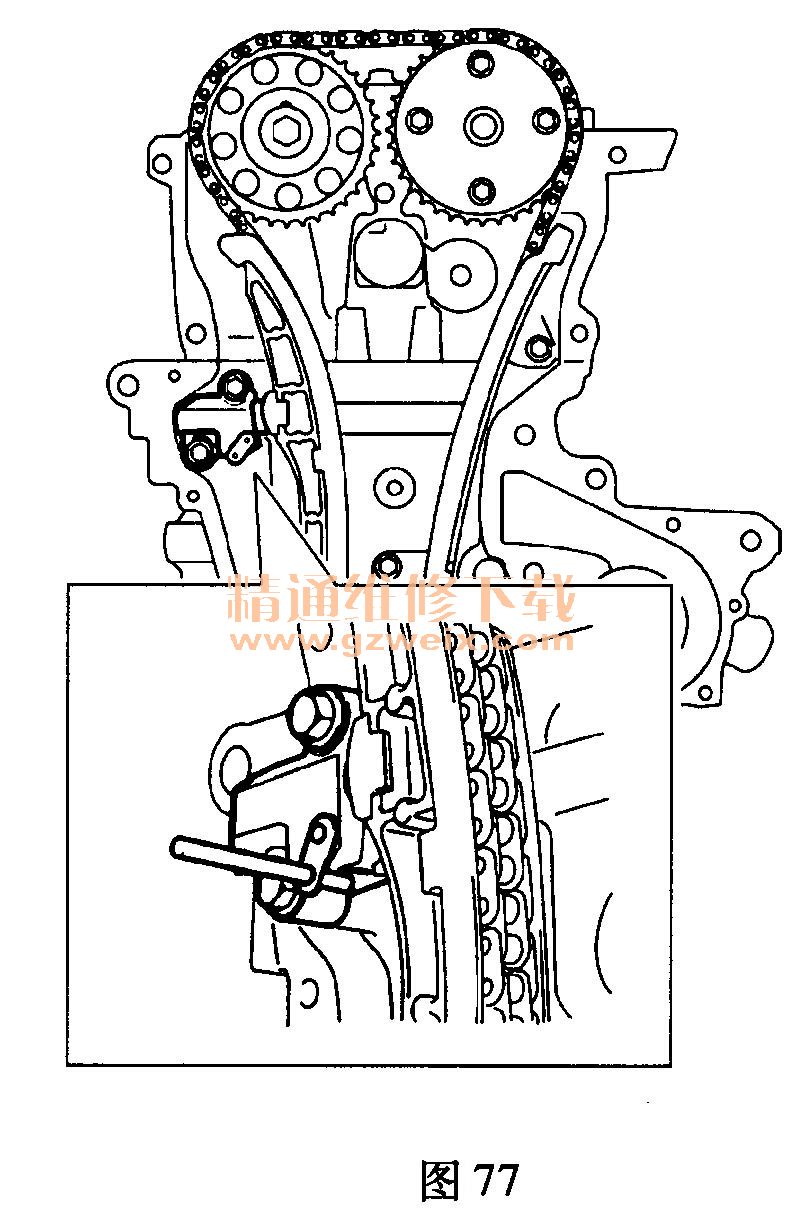 5)拆下2个螺栓和链条张紧器,如图78所示.