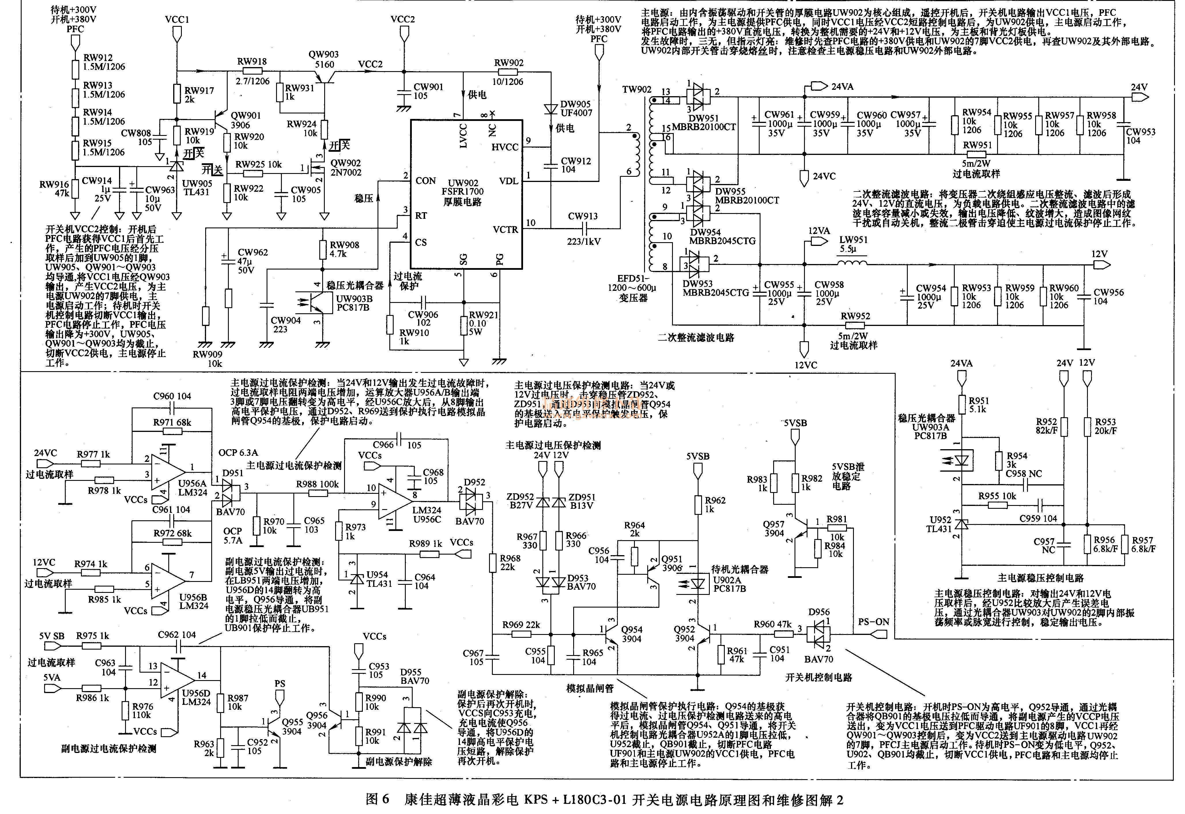 康佳超薄液晶彩色电视kps l180c3-o1开关电源电路原理图和维修图解