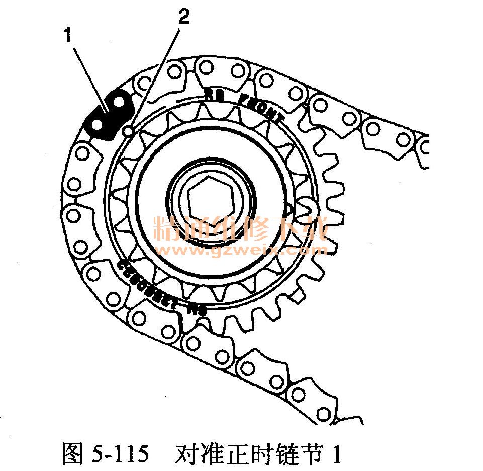 右凸轮轴中间传动链条惰轮正时标记2应对准凸轮轴传动链条正时链节1