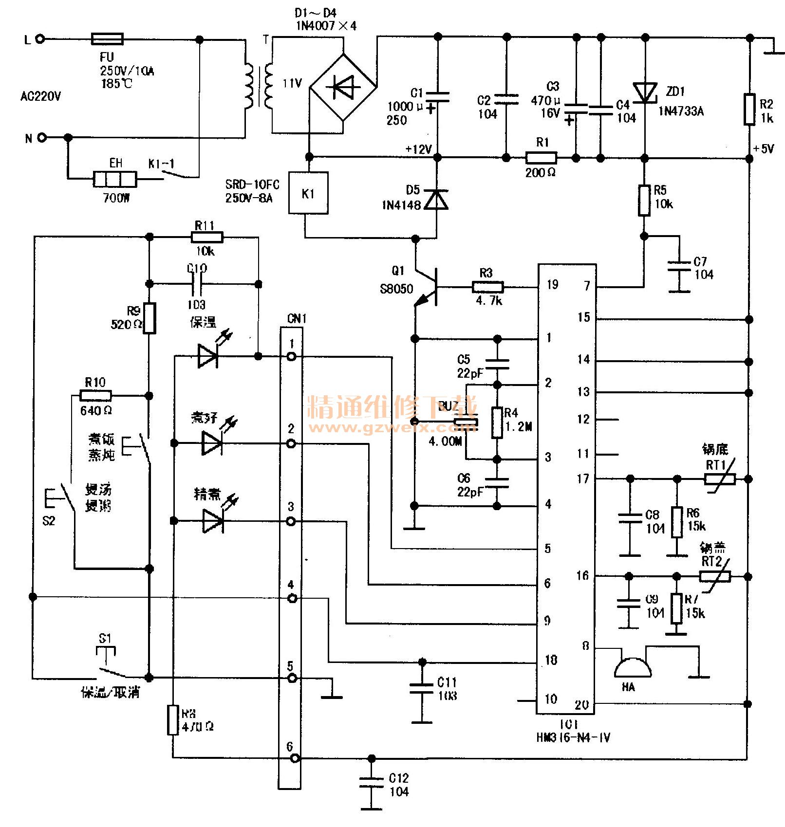 超温熔断器fu (250v,10a,1850c)串联在交流电源输入电路中,安装