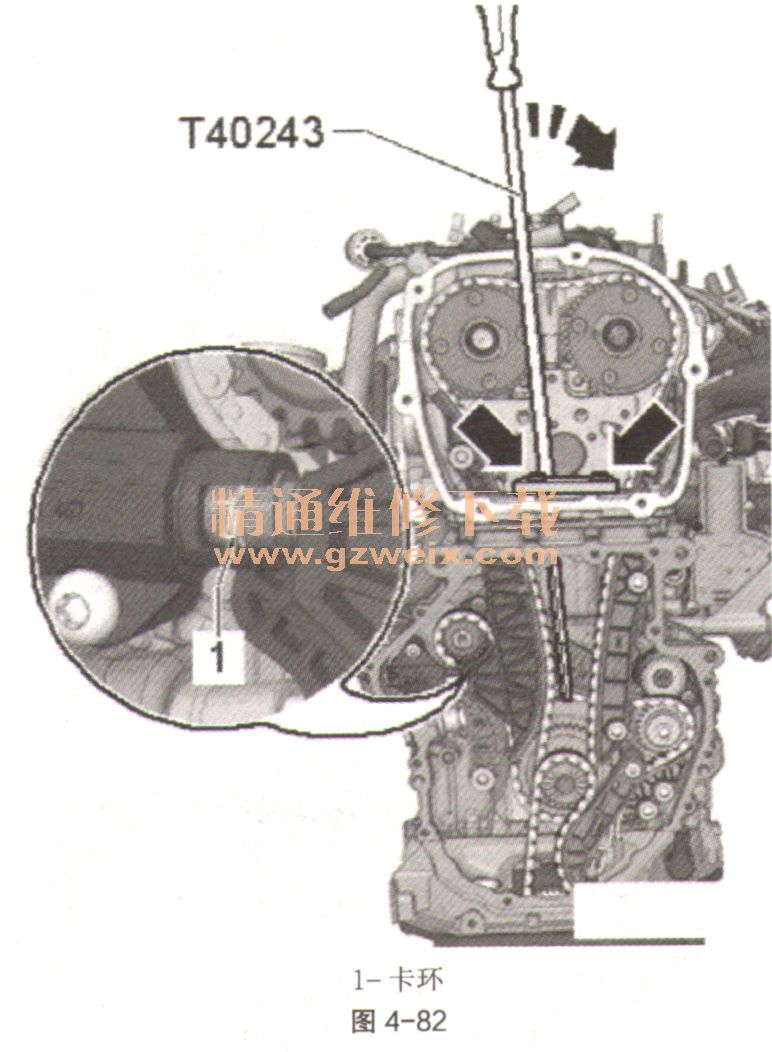 汽车正时设定      ⑦沿如图4-80中箭头方向按压机油泵的链条张紧器张